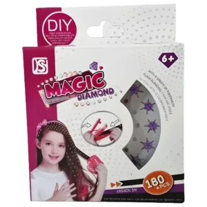 Empaque de juguete Magic Diamond con aplicador manual de gemas y 180 piezas decorativas moradas con forma de flor para estilizar el cabello de niñas.