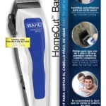 Cortadora de cabello Wahl HomeCut Basic blanca y azul con palanca de altura, incluye cuchillas autoafilables y peines guía de 3 a 25 mm en kit de 14 piezas.
