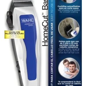 Cortadora de cabello Wahl HomeCut Basic blanca y azul con palanca de altura, incluye cuchillas autoafilables y peines guía de 3 a 25 mm en kit de 14 piezas.