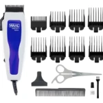 Máquina corta cabello Wahl Homecut Basic blanca y azul con cable, incluye ocho peines guía, tijeras, peine, aceite lubricante y cepillo de limpieza.