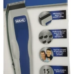 Máquina de corte Wahl Homecut Basic gris y azul con cuchillas autoafilables, incluye peines guía de 3 a 25 mm en un kit de 15 piezas para uso en casa.