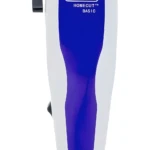 Máquina corta cabello Wahl Homecut Basic de cuerpo blanco con centro azul, palanca de ajuste lateral y cable de conexión, vista frontal vertical.
