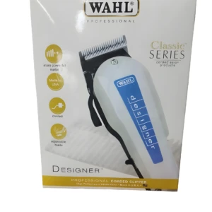 Empaque de máquina cortadora Wahl Designer Classic Series, color blanco con franja azul, profesional, cableada, con motor V4000 y cuchilla ajustable.