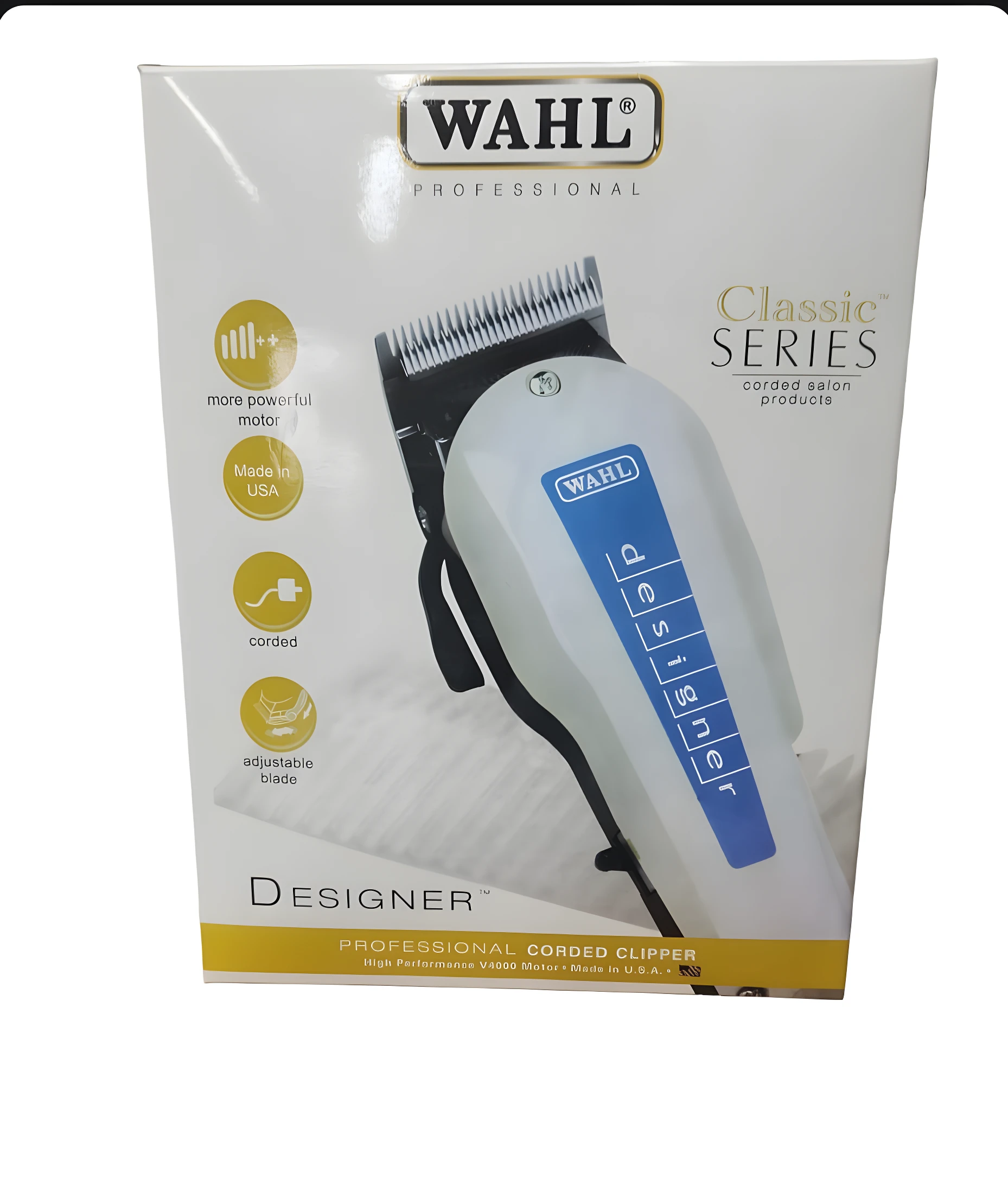 Empaque de máquina cortadora Wahl Designer Classic Series, color blanco con franja azul, profesional, cableada, con motor V4000 y cuchilla ajustable.