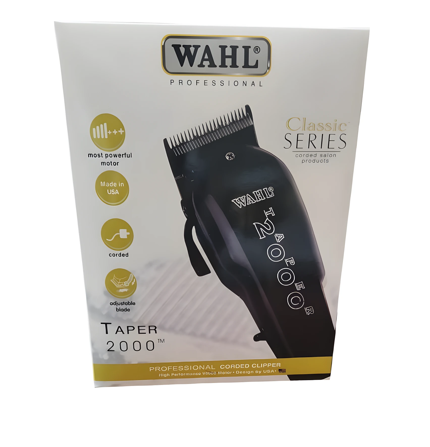 Caja de máquina cortadora de cabello Wahl Taper 2000 profesional. Incluye clipper negro de motor potente, cable y cuchilla ajustable con diseño ergonómico.