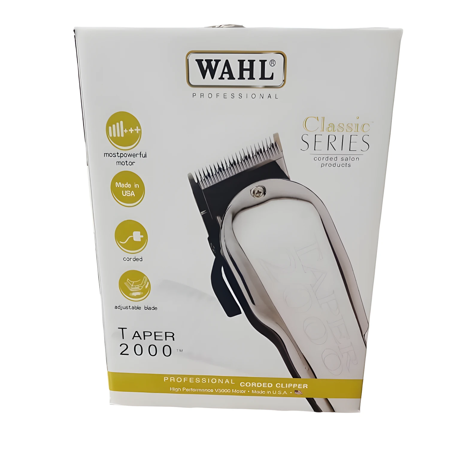 Caja de cortadora de cabello Wahl Taper 2000 profesional con motor V5000, diseño ergonómico, cableada, fabricada en Estados Unidos y cuchilla ajustable.