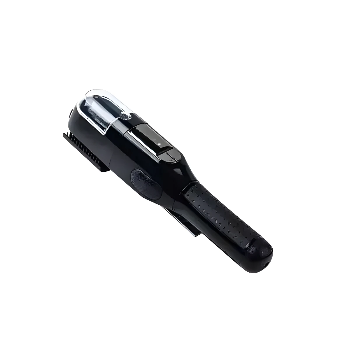 Recortadora de puntas abiertas negra con cabezal transparente, diseño ergonómico de mano y textura antideslizante en el mango para tratamiento capilar.