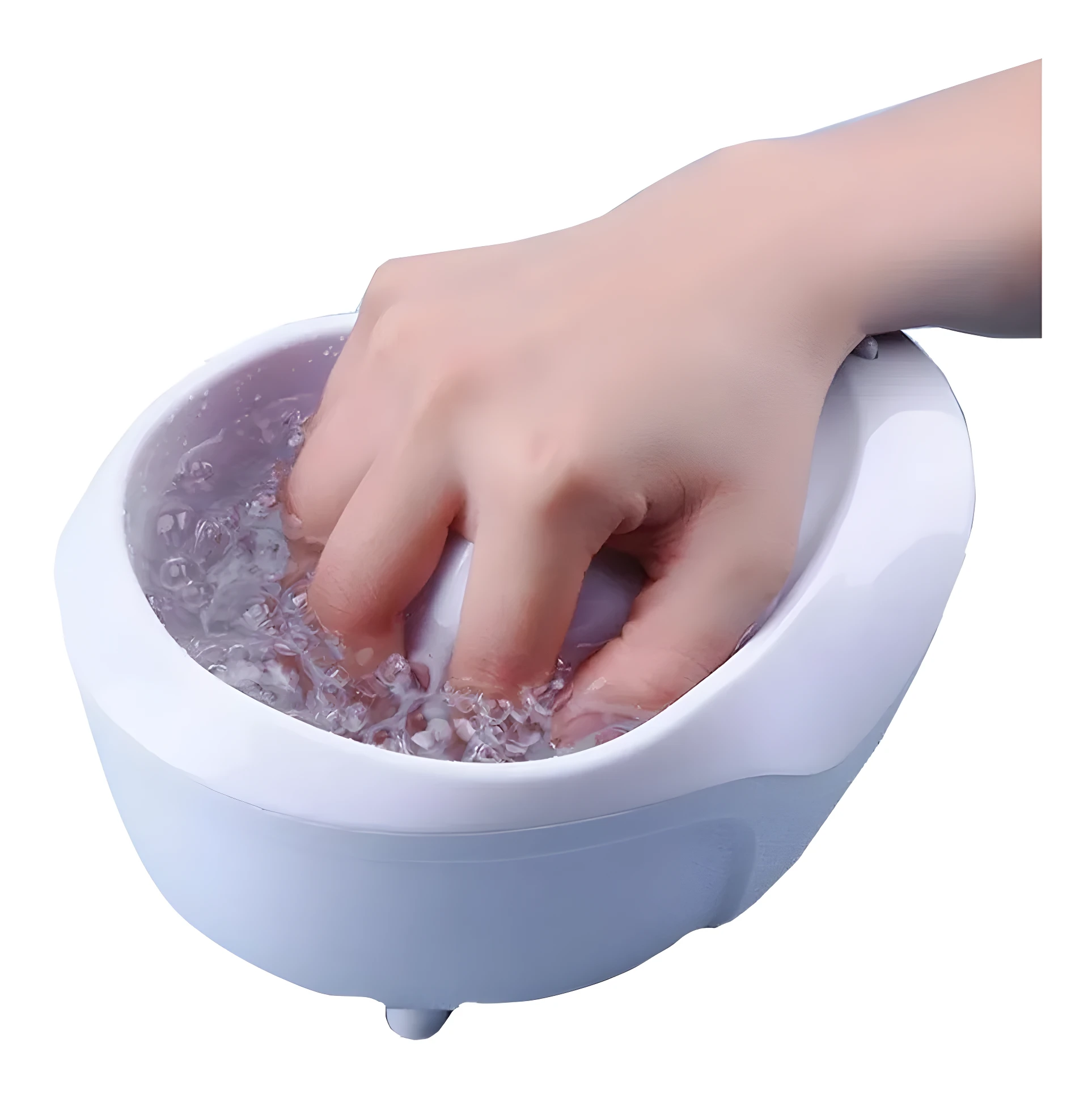 Máquina spa para manicure con mano sumergida en agua burbujeante y morada.