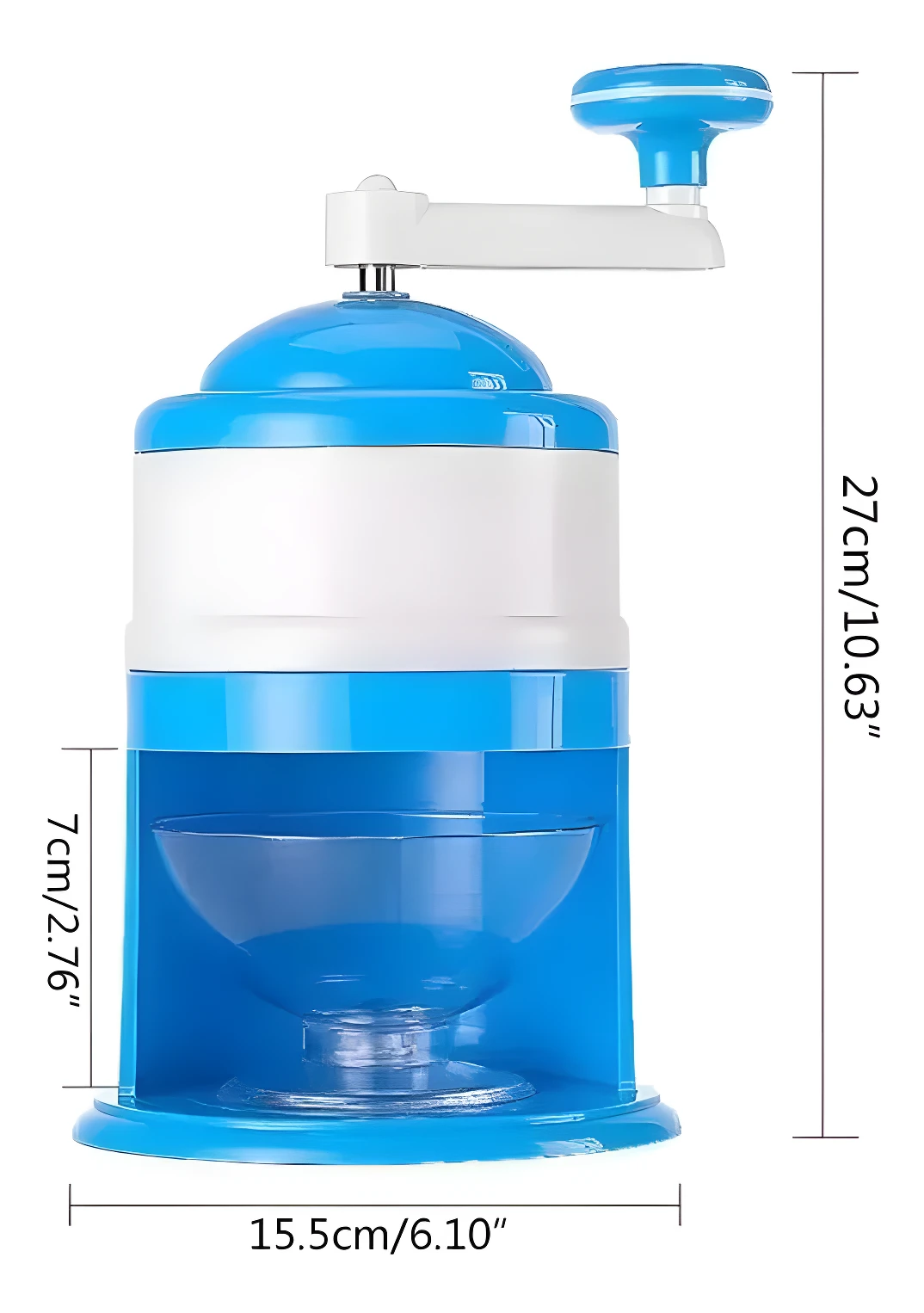 Triturador de hielo manual azul y blanco de 27cm, base de 15.5cm, para granizados caseros.