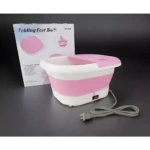 Masajeador de pies plegable rosa y blanco con calentamiento y burbujas.
