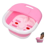 Masajeador de pies plegable rosa con rodillos y burbujas para relajación profunda.