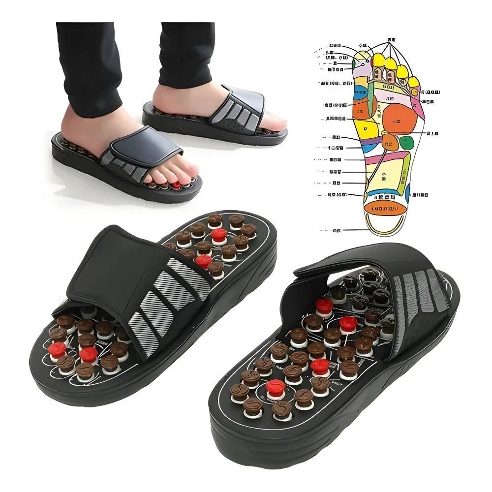 Sandalias negras de masaje de pies con 24 puntos de acupresión y plantilla con relieve para alivio de dolor.