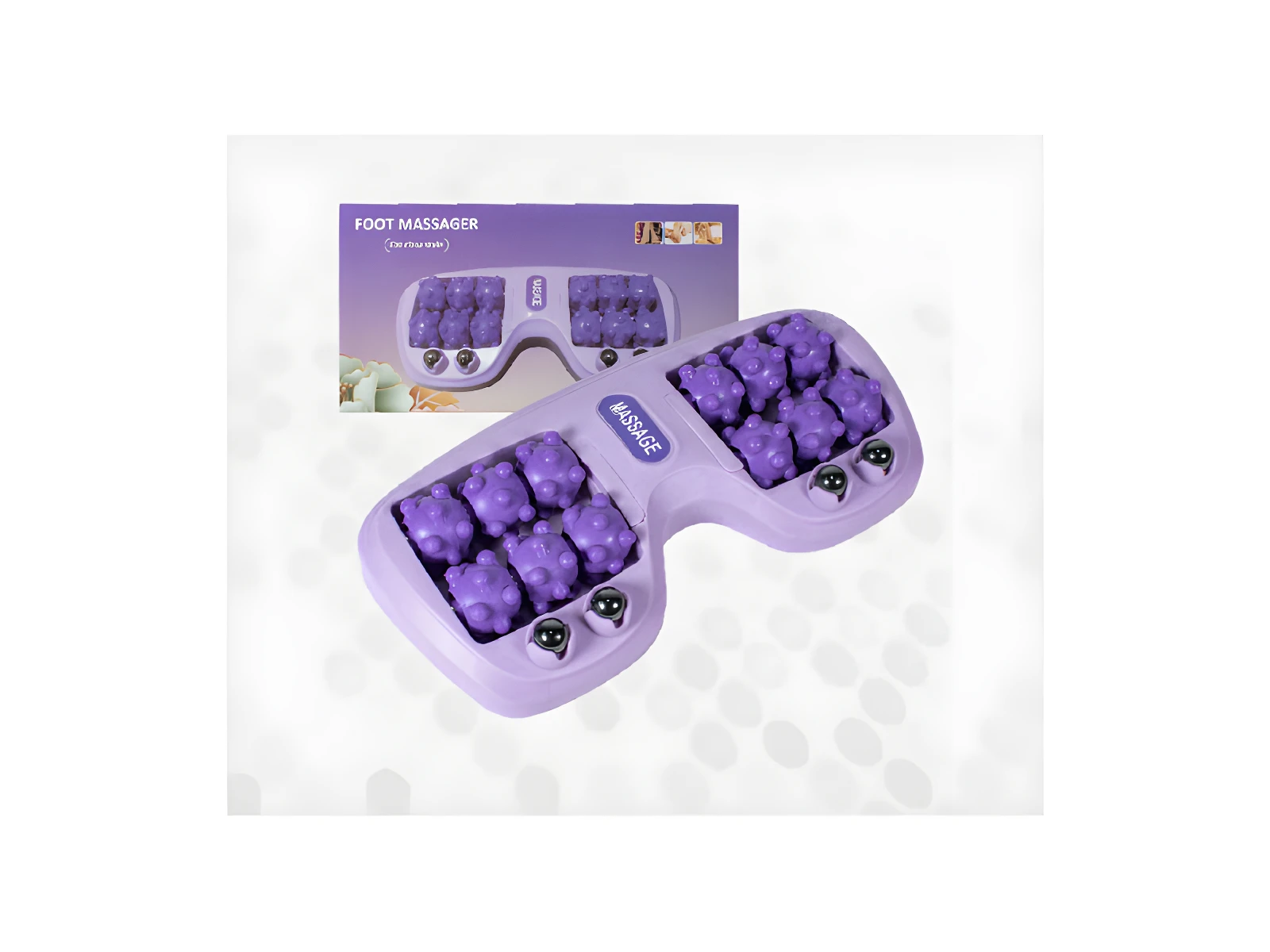 Masajeador de pies morado con rodillos y bolas para alivio y circulación.