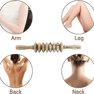 Masajeador de madera con rodillos para relajar brazos, piernas, espalda y cuello.