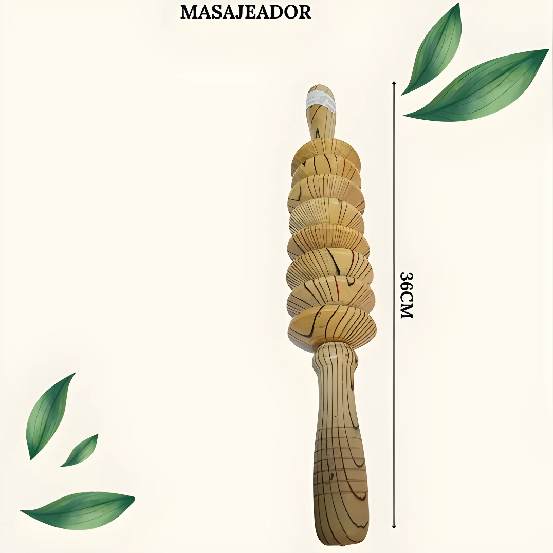 Masajeador de madera con diseño de rodillos en forma de abanico, ideal para piernas y glúteos, mide 36cm.
