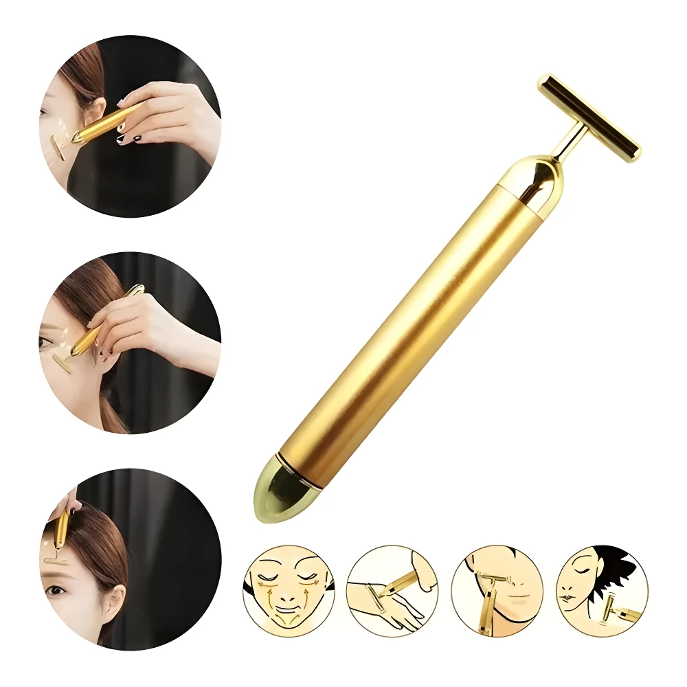 Masajeador facial T dorado, para rostro y cuello, diseño ergonómico.