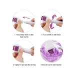 Derma roller facial 6 en 1: pasos de ensamblaje e instrucciones de uso, con cabezal y caja de almacenamiento morados.