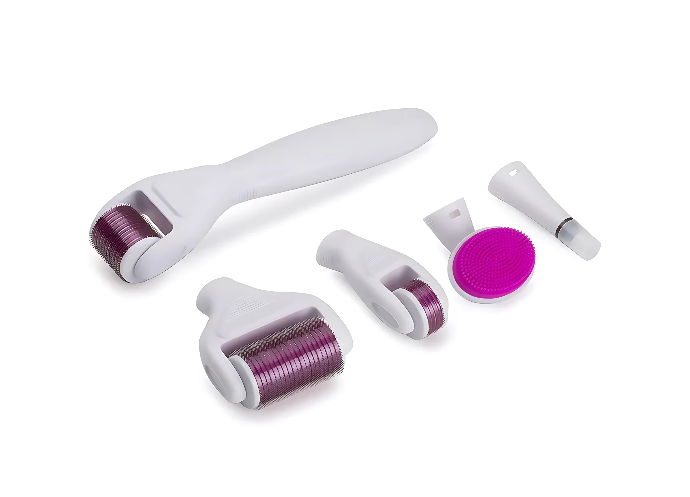 Kit masajeador facial y corporal 6 en 1: rodillos morados con microagujas, cepillo rosa y aplicador, ideal para renovar piel.