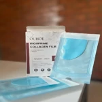 OUHOE Highprime Collagen Film, mascarillas para frente y mejillas, en empaque azul translúcido.
