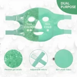 Mascarilla facial de hidrogel menta con doble propósito: frente frío para ojos, espalda cálida para rostro. Incluye velcro ajustable y tela suave.