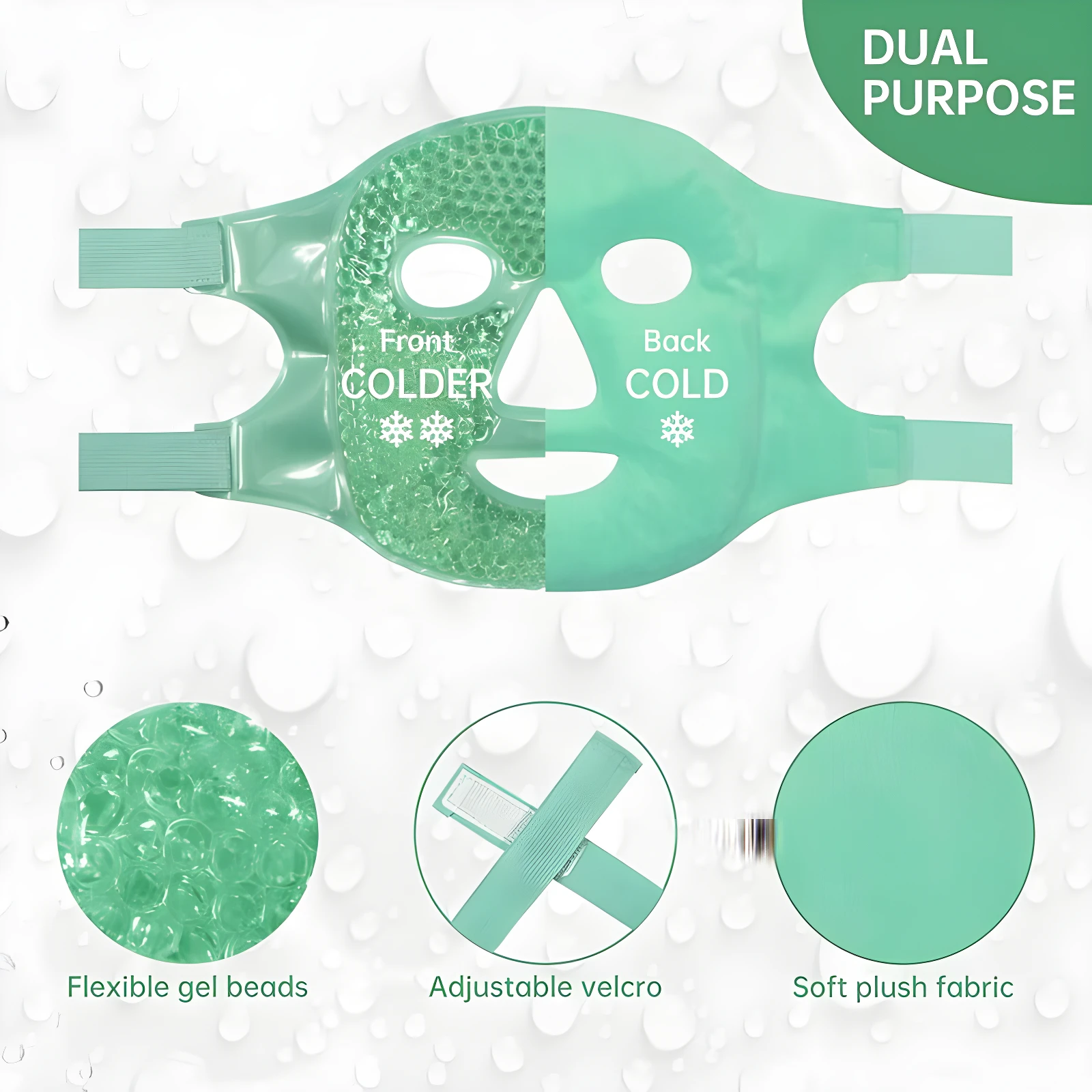 Mascarilla facial de hidrogel menta con doble propósito: frente frío para ojos, espalda cálida para rostro. Incluye velcro ajustable y tela suave.