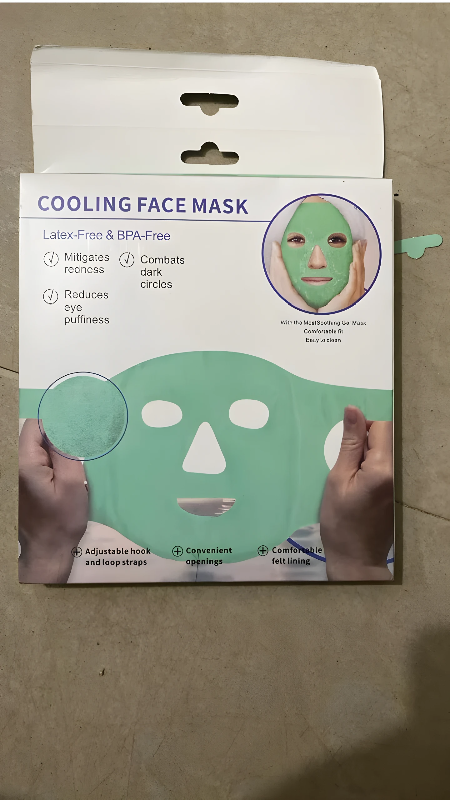 Mascarilla facial de hidrogel verde para ojos, alivia hinchazón y enrojecimiento, libre de látex y BPA.