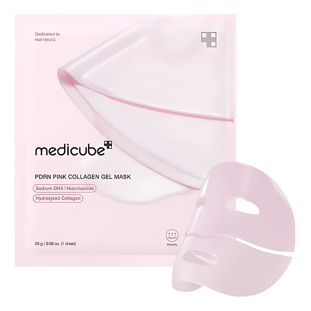 Mascarilla gel rosa Medicube PDRN, con colágeno hidrolizado y Niacinamida, fortalece piel.