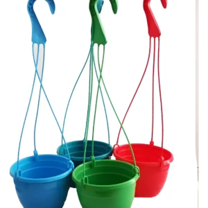 Set de 4 macetas colgantes plásticas de colores azul, verde, azul oscuro y rojo para balcones y terrazas.