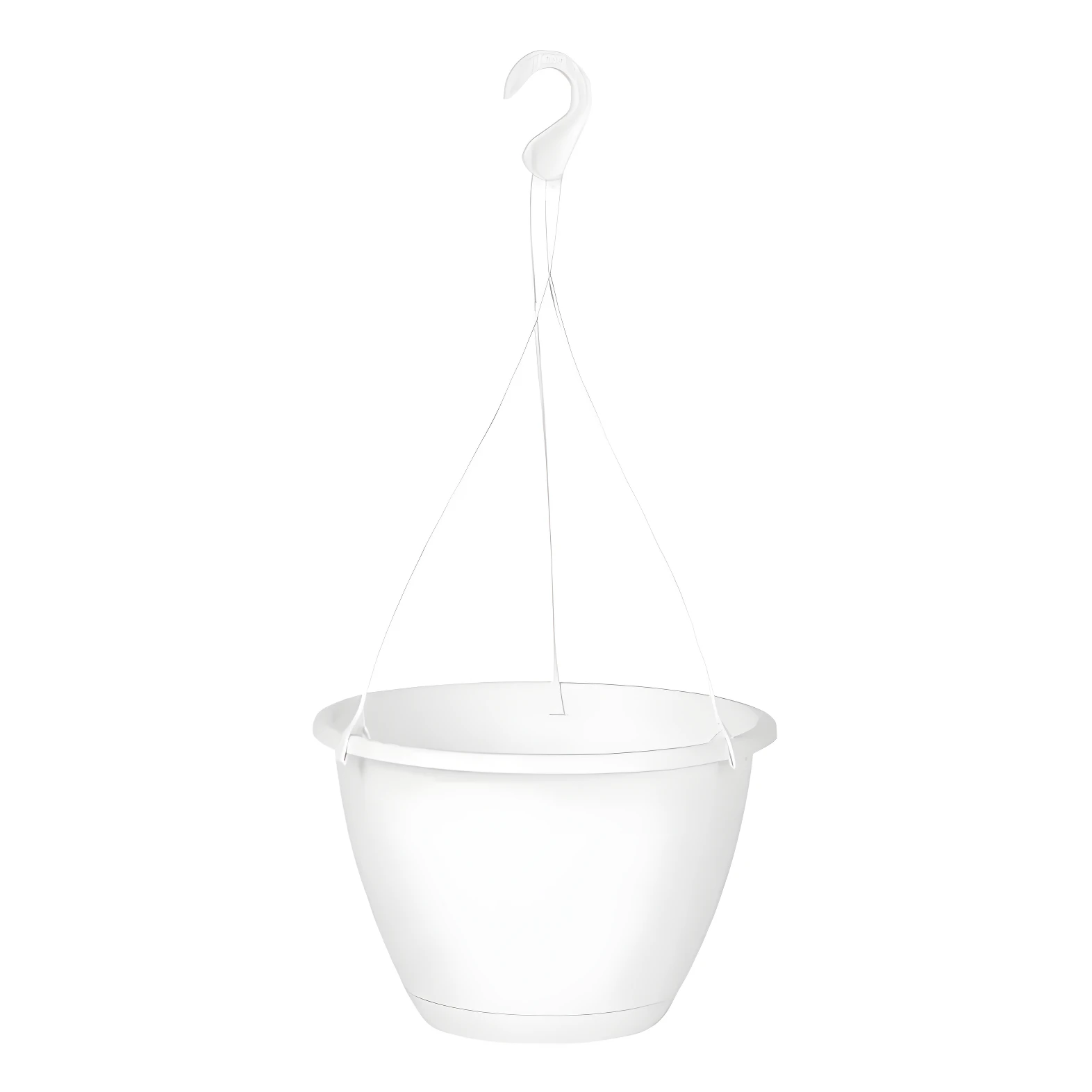 Maceta colgante blanca plástica para decorar balcones y terrazas.