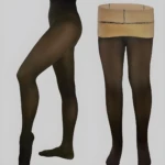 Medias térmicas negras efecto piel con interior beige, diseño traslúcido de cintura alta que moldea la figura y mantiene la calidez, vista lateral y frontal.