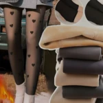 Medias térmicas con diseño de corazones, muestran efecto piel traslúcido y forro interior afelpado en tonos beige y negro para distintas presentaciones.