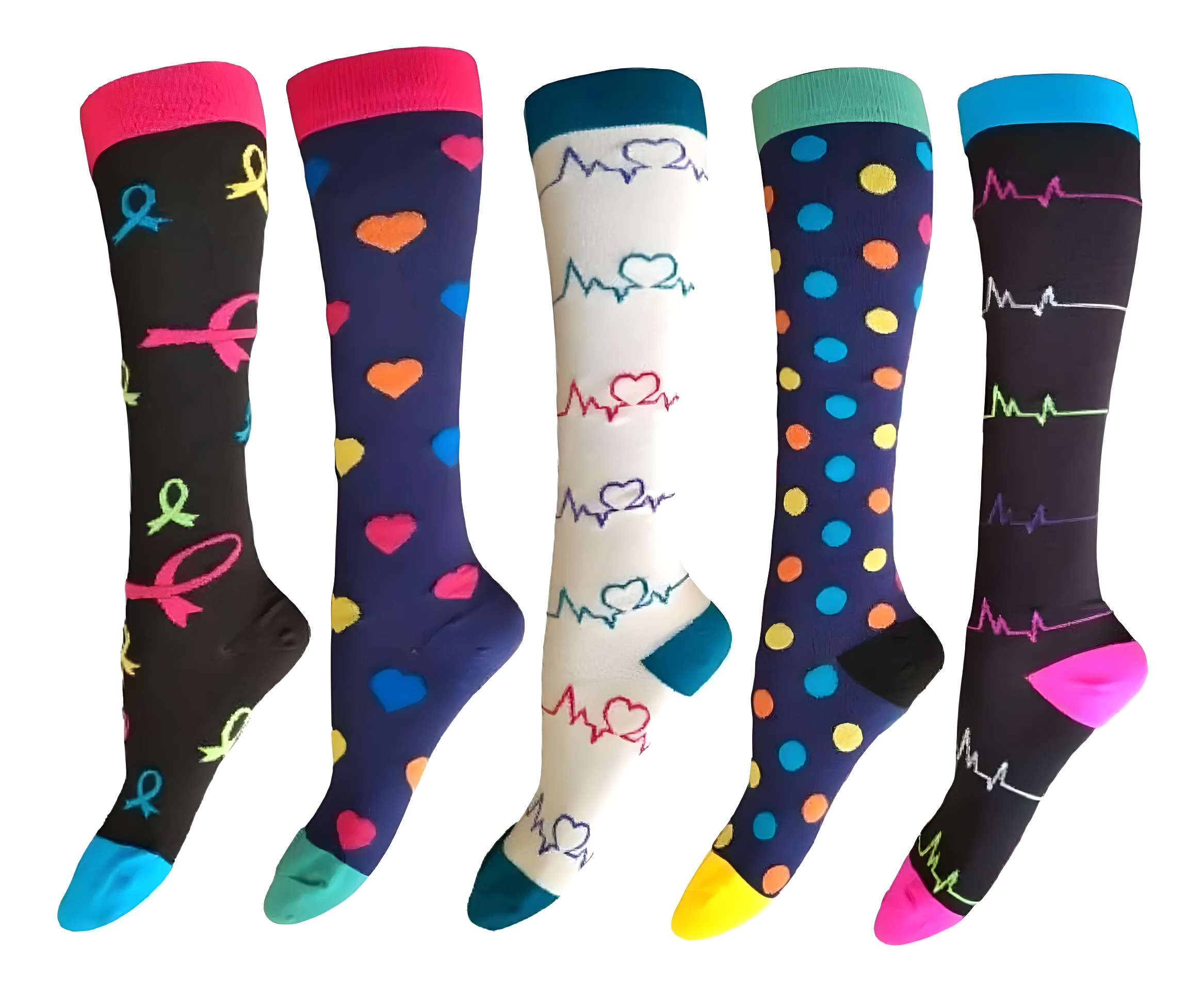 Set x2 medias de compresión, diseños variados de cintas, corazones y puntos, con puntas y bordes de colores vivos.