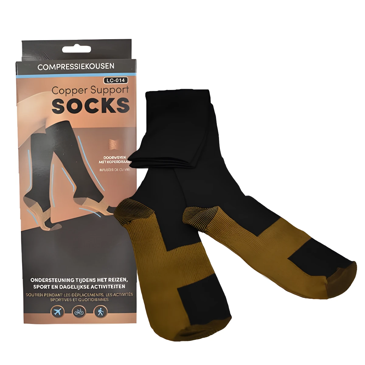 Medias de compresión negras con talón y puntera color cobre, modelo LC-014, para soporte diario.