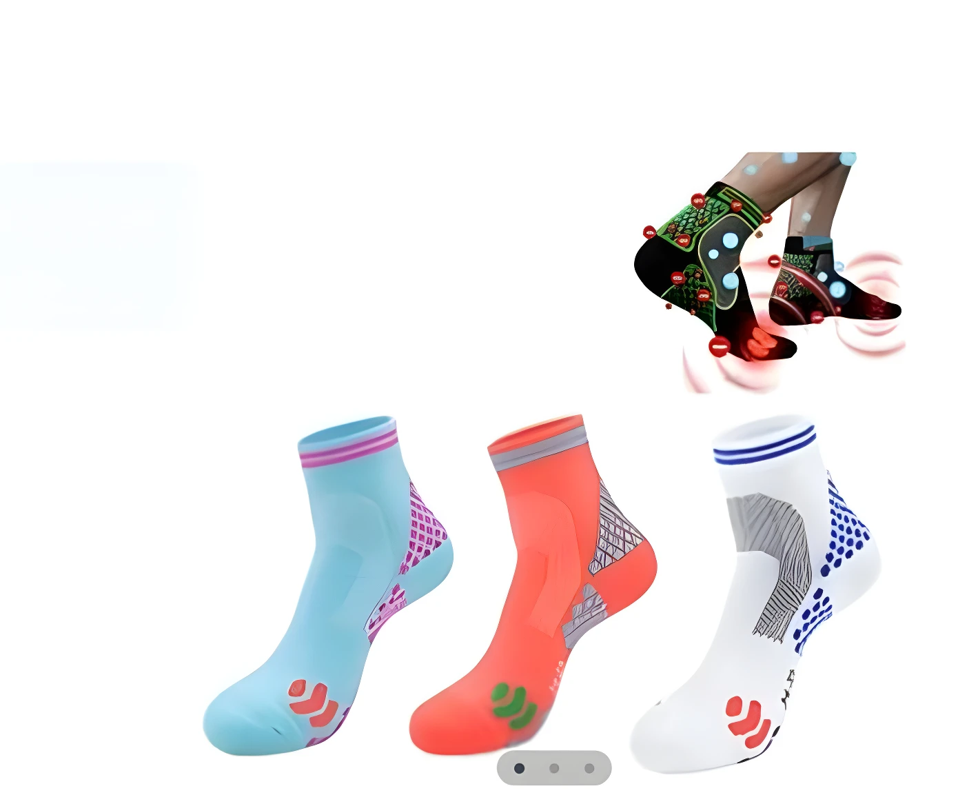 Medias tobilleras de compresión X3. Pack de 3 pares en colores azul, naranja y blanco con diseños deportivos.