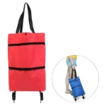 Carro bolsa plegable para compras rojo y azul. Ideal para transportar comestibles.