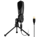 Micrófono condensador USB negro con trípode para podcast, audio claro.