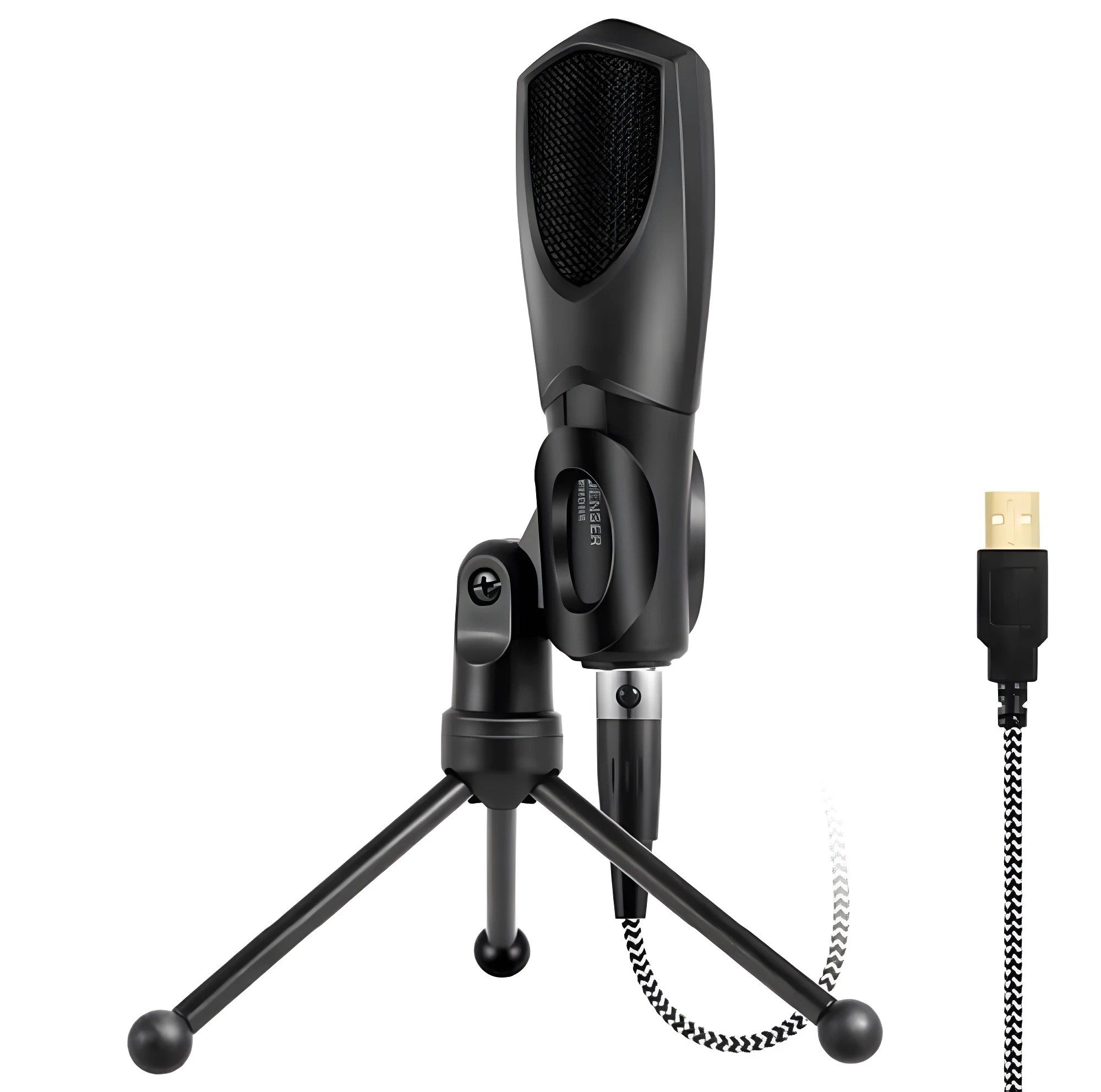Micrófono condensador USB negro con trípode para podcast, audio claro.