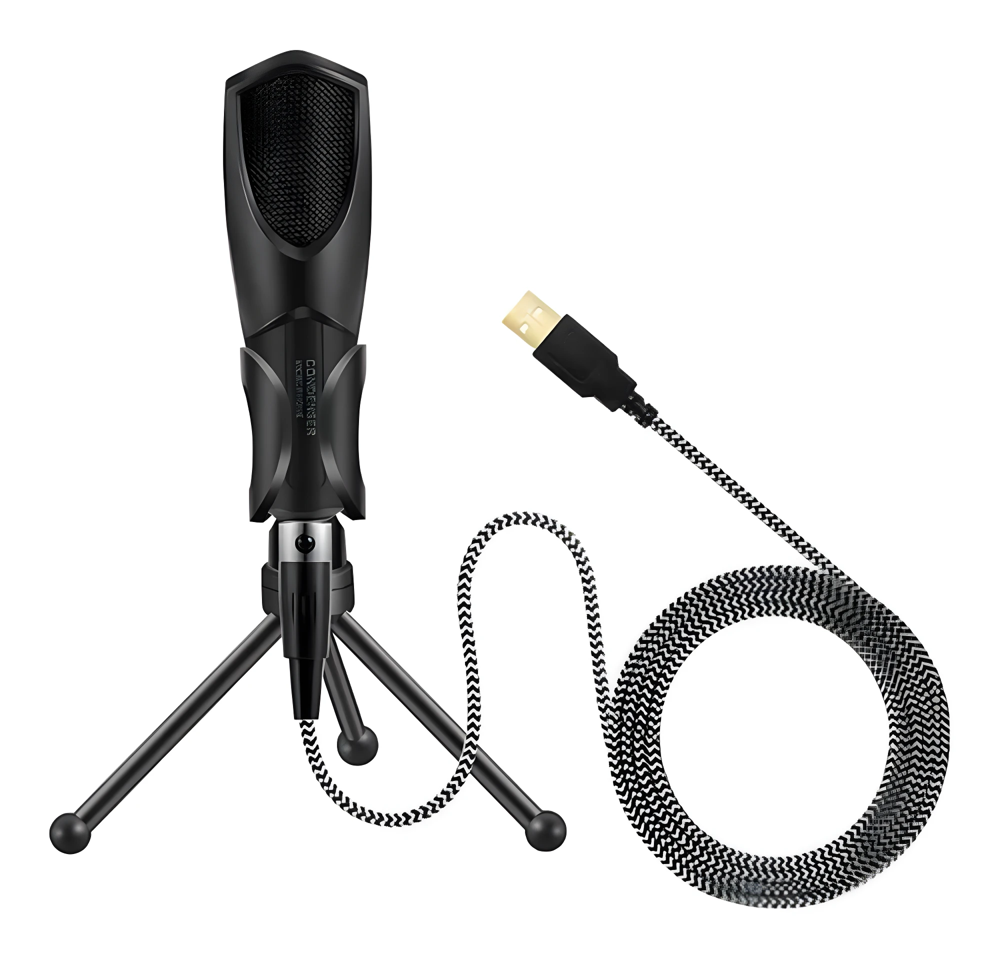 Micrófono condensador negro con trípode y cable USB de patrón zig-zag para podcast y streaming.