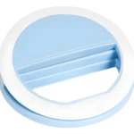 Mini aro de luz LED recargable azul y blanco, con clip, ideal para selfies y videos.
