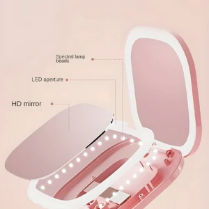 Espejo compacto triple rosa con luz LED integrada y acabado HD, ideal para retoques de maquillaje.