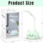 Lámpara de escritorio LED portátil en forma de gato kawaii, color verde menta, altura 18cm.