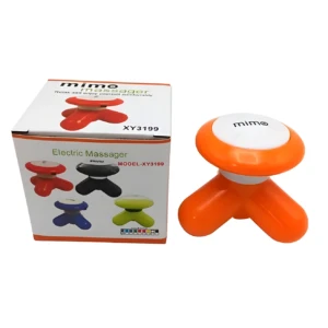 Mini masajeador Mimo recargable naranja con blanco, ideal para relajación corporal, fácil de usar.