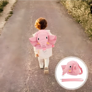 Mochila arnés de seguridad infantil rosa con diseño de elefante, ideal para mantener a los niños cerca.