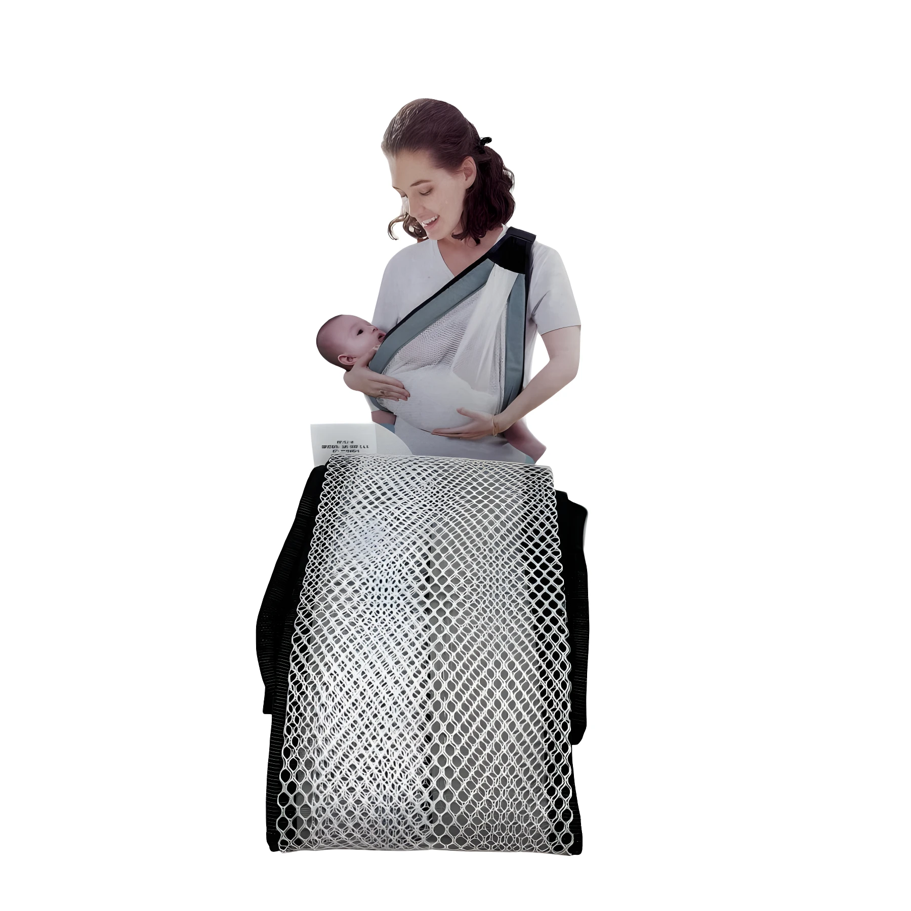 Mochila portabebés gris con bebé, set x2, texturizada transpirable, ideal para cargar.