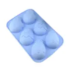 Molde de silicona azul para 6 huevos de Pascua con diseños de conejos y patrones, ideal para repostería.