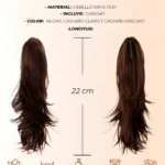Extensión de coleta postiza en cabello sintético color castaño, mide 22 cm, incluye gancho de pinza para ajuste, con instrucciones de cuidado básicas.