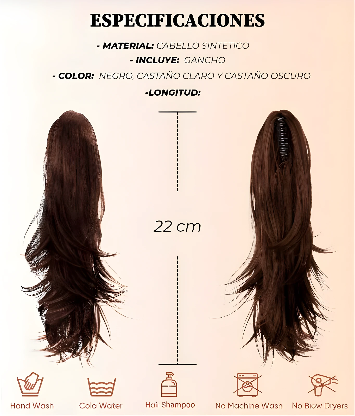 Extensión de coleta postiza en cabello sintético color castaño, mide 22 cm, incluye gancho de pinza para ajuste, con instrucciones de cuidado básicas.