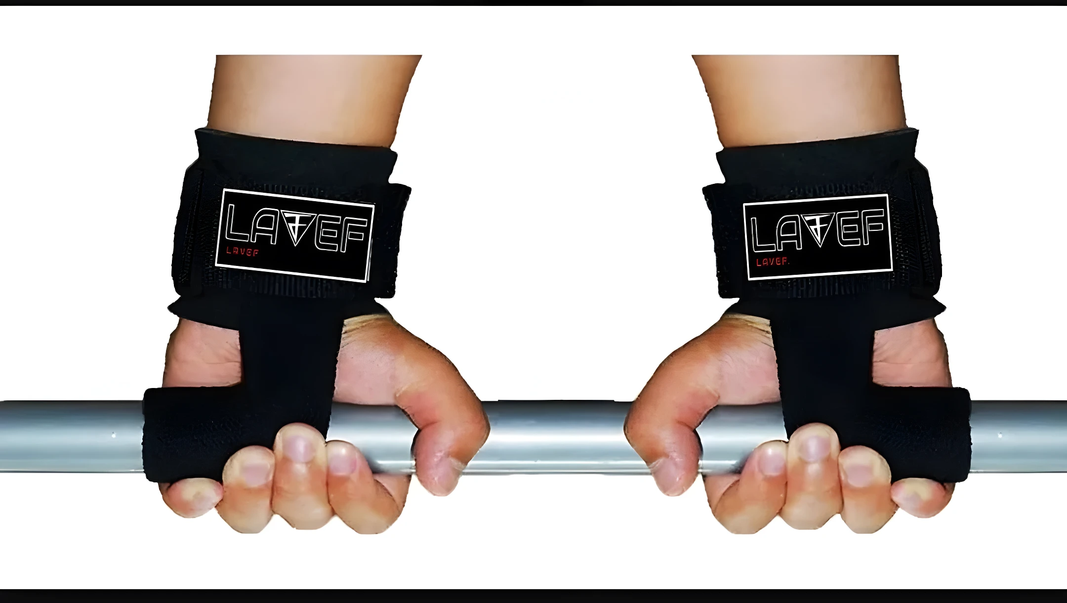 Muñequeras de gym negras con logo "LAVEF" para levantamiento, brindando soporte y agarre.