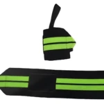 Muñequeras deportivas negras con franjas verdes fluorescentes, ajustables, para soporte de muñeca.