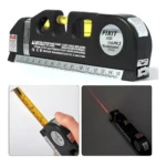 Nivel láser Fixit Levelpro 3 con cinta métrica y haz rojo, usado en proyectos de medición.